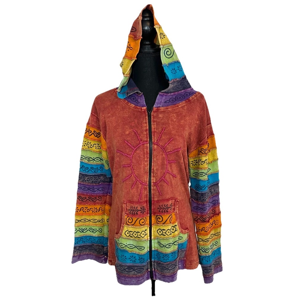 Greater Good Women's Pit to Pit 21" Hoodie Rainbow Patchwork Hippie Sweatshirt